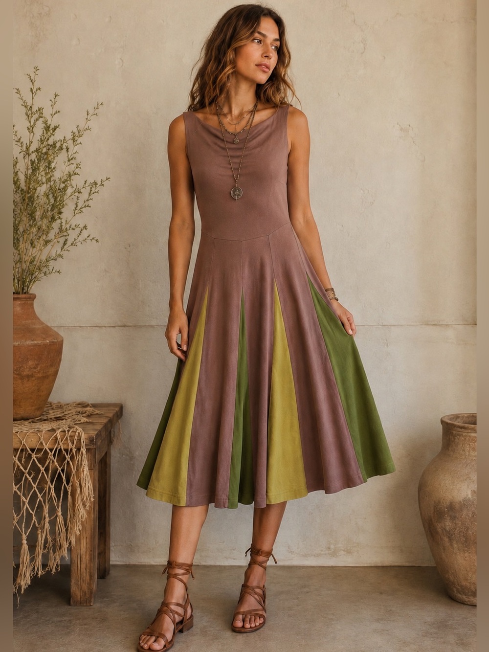 Art To Wear Colorblock Cowl Neck Midi Dress Boho
